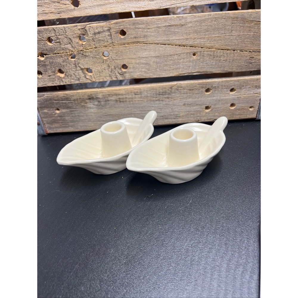 Vintage Haeger Pottery Leaf Candle Holders Set of 2 Cream White Ceramic 39481